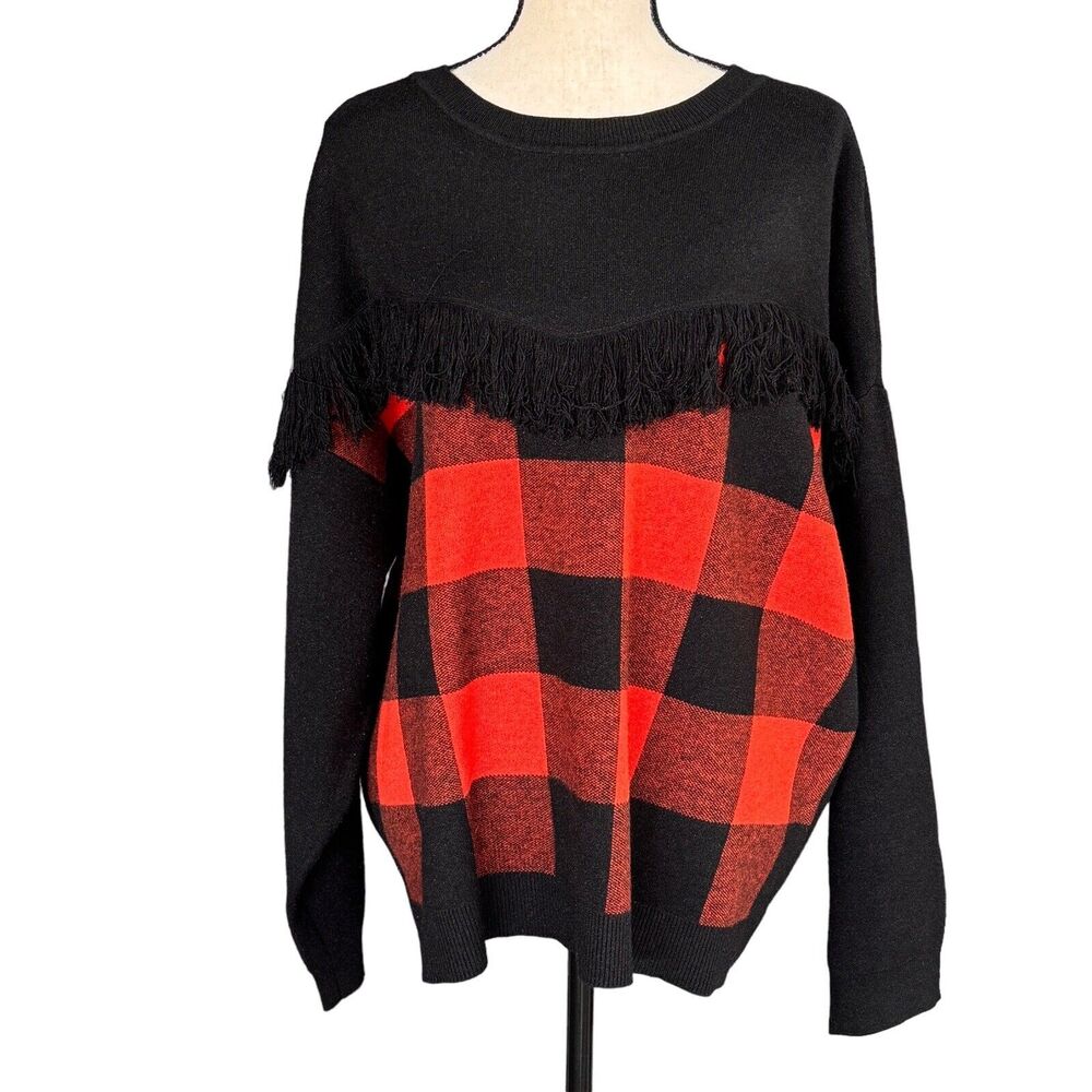 Bar III 2X-Large Sweater Buffalo Plaid Long Sleeve Stretch Fringe Round Neck New